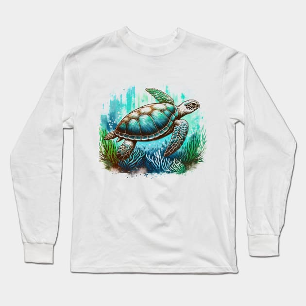 Turtle's Tranquil Journey: Sea Turtle Art T-shirt Long Sleeve T-Shirt by Klimek Prints